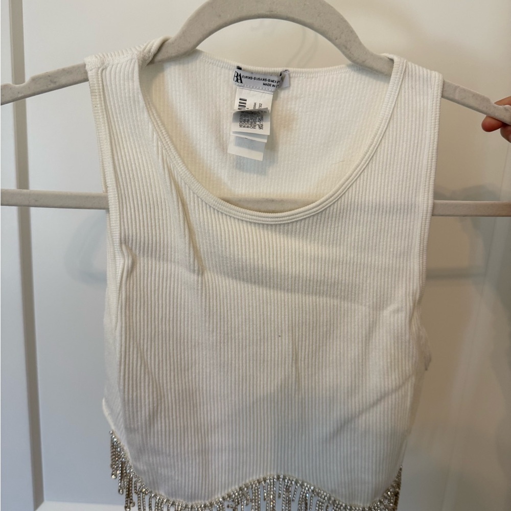 White Ribbed Tank Top with Fringe